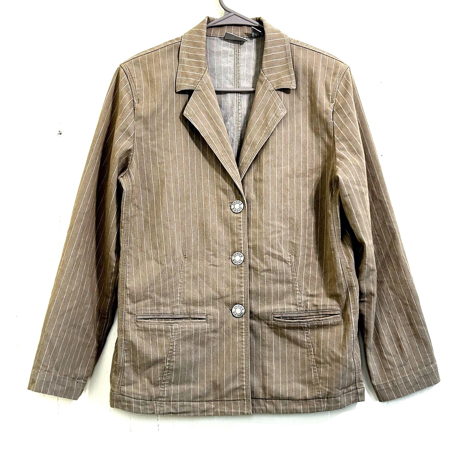 Chico's Denim Pinstripe Blazer Jacket Size 1=Medium Stretch Cotton Long Sleeve